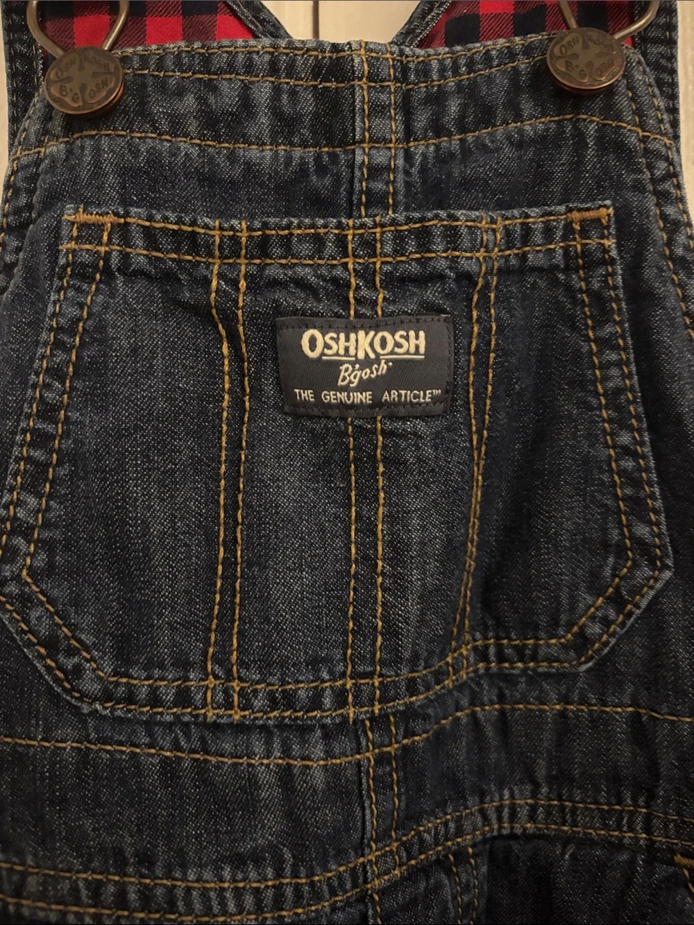 OshKosh B'gosh Dark Blue Denim Kids Overalls with Red Plaid Accents